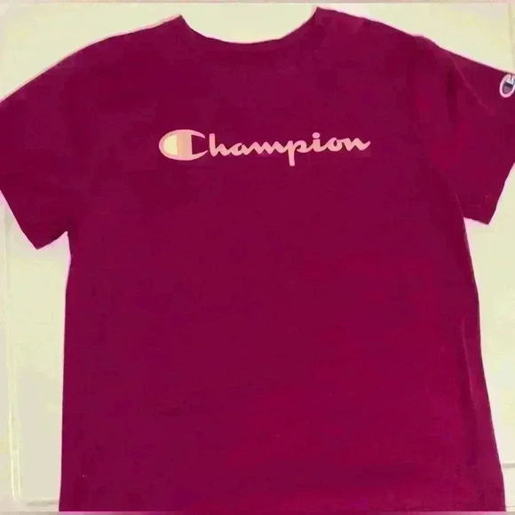 Champion Women’s Size Medium Script Logo Tee, in color Dark Berry Purple - Picture 3 of 11